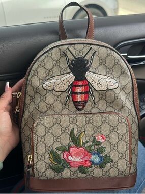 Gucci Beige GG Canvas Bee & Floral Mini Backpack with Brown Trim